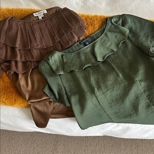 Two silk tops.  Kelly green is size 2.  Brown is xs.